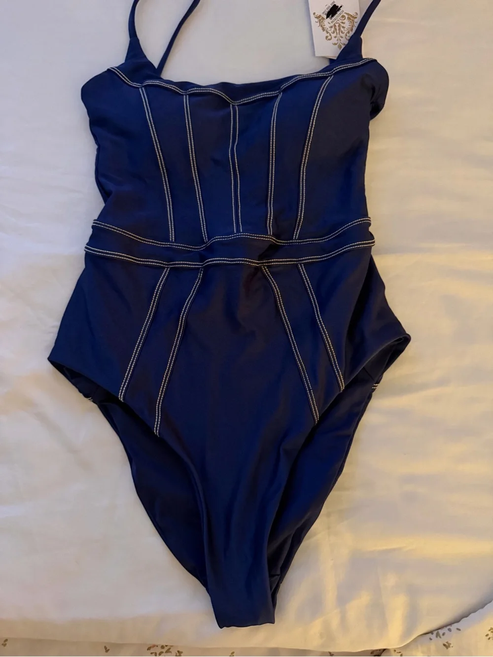 Becca Color Sheen Corset Stitch One Piece Swimsuit Blue Size S NWT - Picture 4 of 6